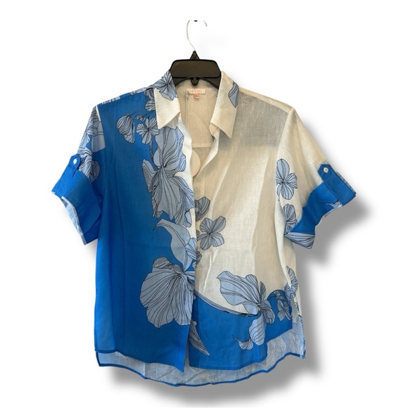 Luxxel Floral Blue and Cream Wide-Leg Shirt and Pant Set. Size M - Picture 2 of 12